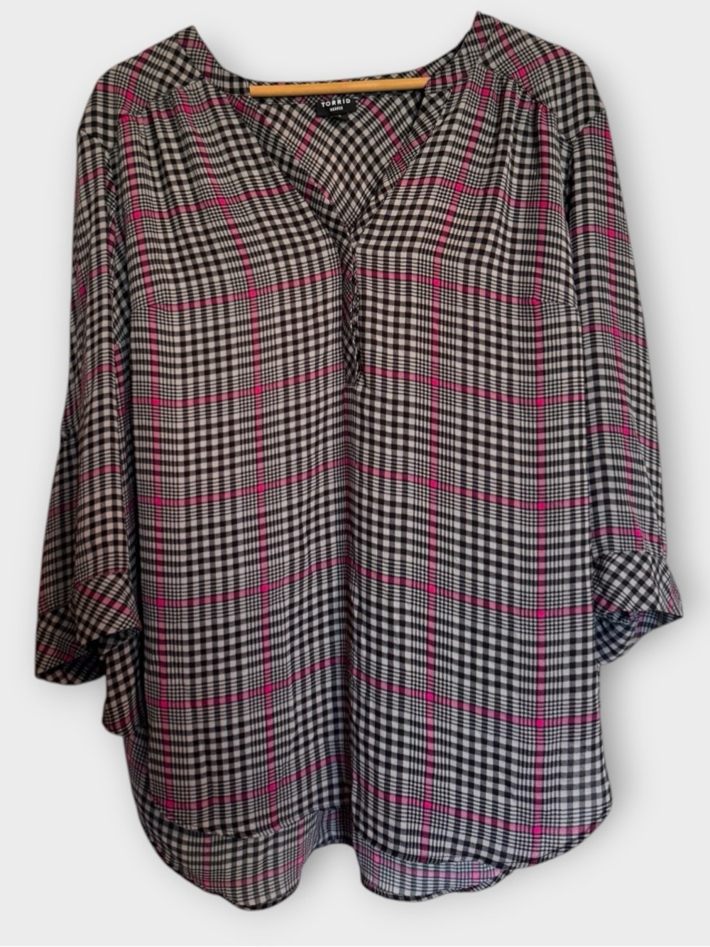 Torrid Harper Pink & Black Plaid V-Neck Blouse